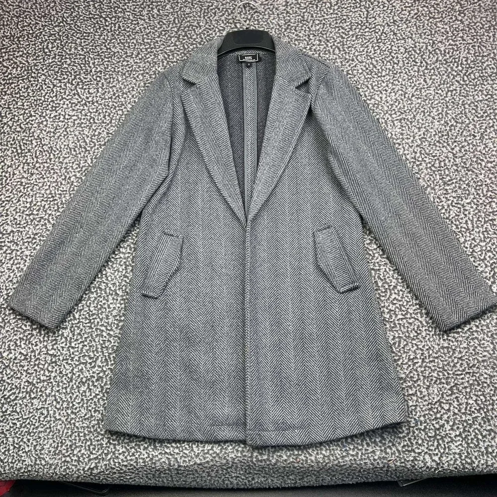 HAVE Los Angeles Long Coat Jacket Women Small Gray Herringbone Notch Lapel S